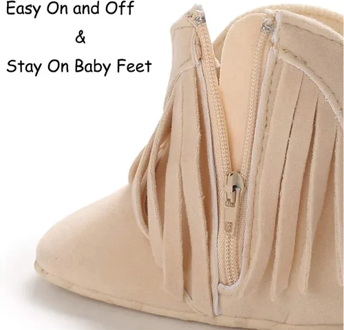 Vista 6 de Timatego Botas vaqueras con borlas para bebé, con cremallera lateral, antideslizantes, para bebés, bebés, para primer caminante, cálidos, para 02