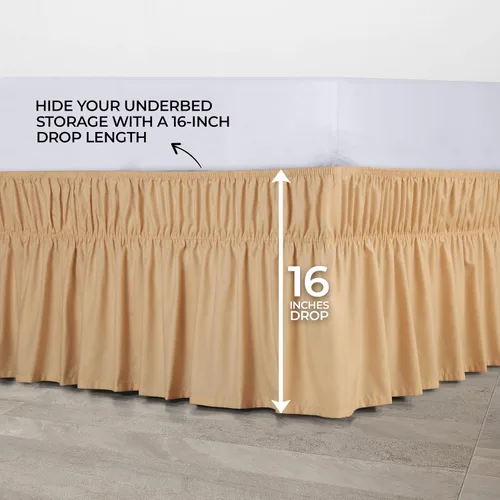 Vista 6 de Wrap Around Queen Bed Skirt, Easy Fit Elastic Belt, 16 Inch Drop, Beige