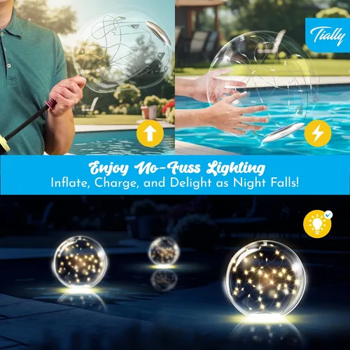 Vista 4 de TIALLY Luces flotantes de hadas para piscina alimentadas por energía solar, bolas LED inflables impermeables de 14 pulgadas, luces para piscina