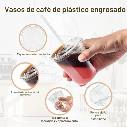 Vista 4 de Vplus Paquete de 100 tazas de café helado de 12 onzas con tapas, vasos de plástico desechables con tapas y popotes para bebidas frías, jugos