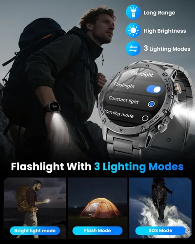 Vista 4 de Relojes inteligentes militares para hombres, reloj inteligente de 1.7 pulgadas con batería de 1000 mAh, linterna LED, frecuencia cardíaca, monitor