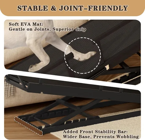 Vista 6 de Rampa para perros para cama, 7 niveles ajustables (13-37 pulgadas), rampa para perros de madera de abedul para cama alta, sofá, plegable de 60