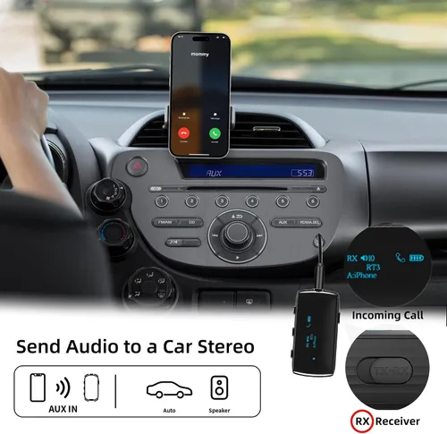 Vista 6 de Receptor transmisor Bluetooth 5.2 para 2 AirPods/Auriculares Flight Bluetooth Adapter for Airplane, TV, Gym with a 3.5mm Audio Jack, Wireless BT