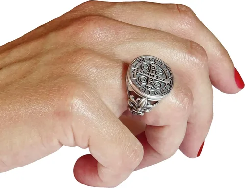 Vista 5 de Anillo de mujer de plata de ley 925 con medalla de San Benito, Fleur de Lis