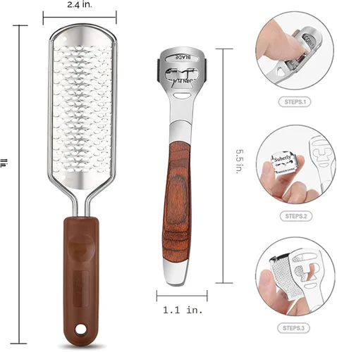 Vista 4 de Raspa de pie colosal y afeitadora de callos con mango de madera (10 cabezales de repuesto y 1 lima), kit de lima de pie de pedicura, raspador