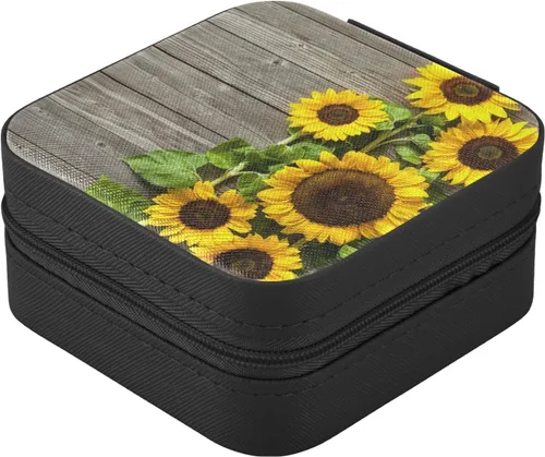 Vista 3 de OTVEE Joyero pequeño de madera con girasoles amarillos otoñales, mini joyero, organizador de joyas de viaje para mujeres y niñas, Otoño Amarillo