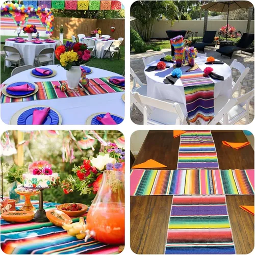 Vista 4 de Camino de mesa mexicano de 14 x 84 pulgadas, decoración de boda para fiesta de fiesta, caminos de mesa de arco iris a rayas Serape Zarape para Cinco