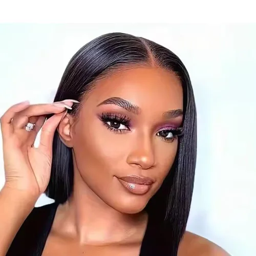 Vista 2 de Match All Skin Blunt Cut Bob Glueless Lace Wig Pre Plucked Natural Baby Hair Short Bob Bone Straight 13X4 HD Invisible Lace Wig Braizilian Human