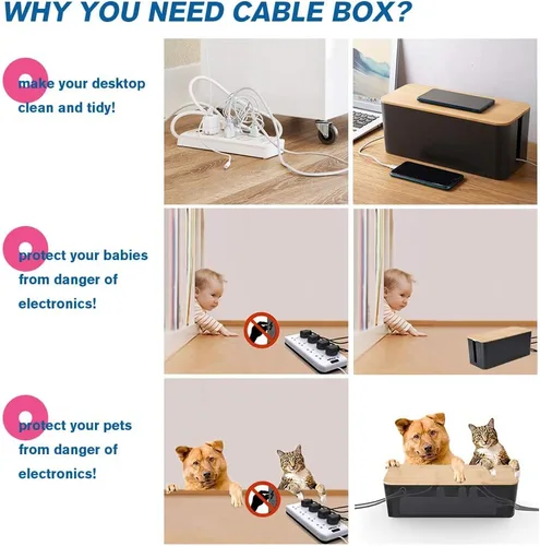 Vista 3 de PowerKing Organizador de cajas de gestión de cables, tapa de bambú, soporte grande para cables de almacenamiento para escritorio, TV, computadora
