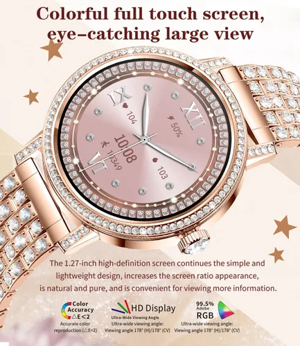 Vista 3 de Relojes inteligentes para mujer con llamadas Bluetooth de diamantes, reloj inteligente con pantalla HD de 1.27 pulgadas, rastreador de actividad