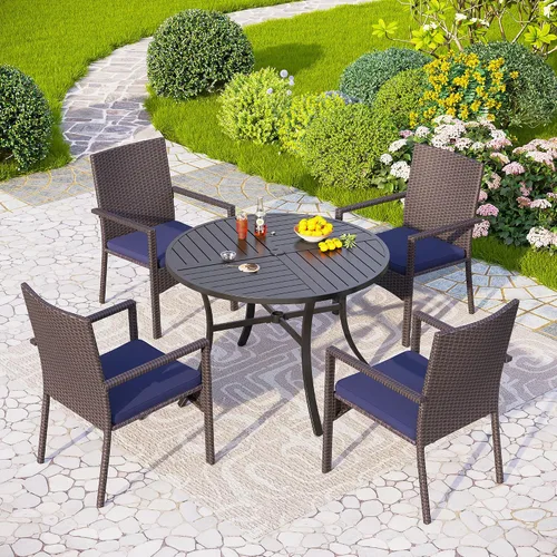 Vista 18 de PHI VILLA Juego de comedor al aire libre de 5 piezas para 4, mesa de comedor cuadrada de metal y sillas de mimbre de ratán con cojines, muebles