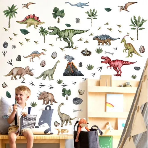 Vista 7 de Calcomanías de pared grandes de dinosaurio para despegar y pegar, calcomanías de pared de huellas de dinosaurio, hojas tropicales, palmeras