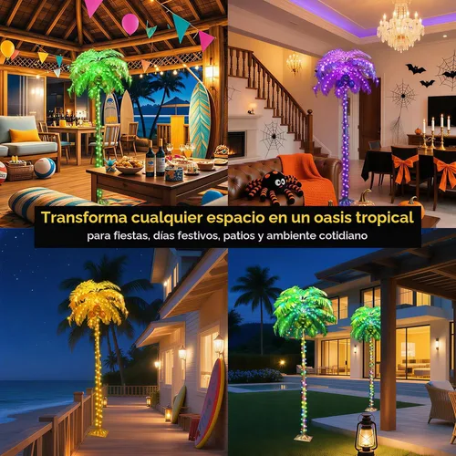 Vista 7 de Ledido - Palmera artificial iluminada de 5 pies, colorida con 3 cocos, 144 luces LED, para exteriores, con control remoto, impermeable, regulable