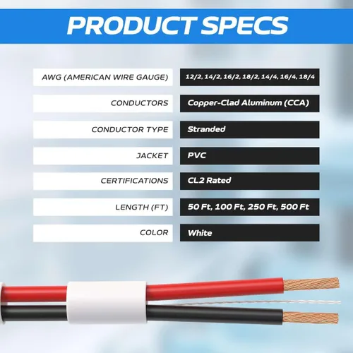 Vista 4 de Cables Direct Online Cable de altavoz 16/2 de 50 pies con clasificación CL2 para interiores de bajo voltaje de aluminio recubierto de cobre (CCA)