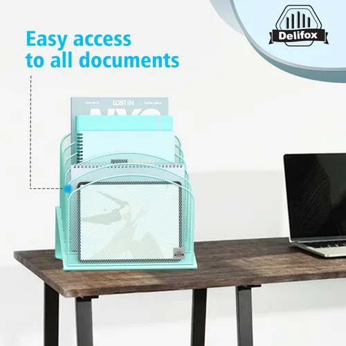 Vista 5 de Delifox Organizador de escritorio inclinado, soporte de archivos de 5 secciones con bandeja vertical para carpetas, estante de metal clasificador