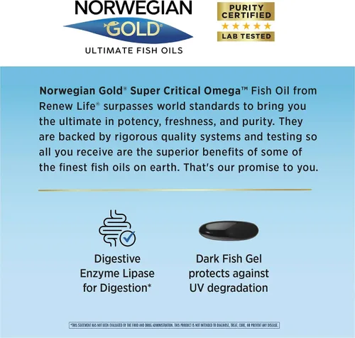 Vista 4 de Renew Life Norwegian Gold - Aceite de pescado para adultos, omega súper crítico, suplemento de aceite de pescado omega-3, sin gluten ni lácteos, 60