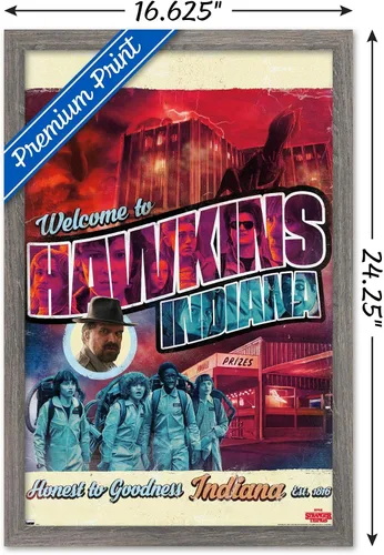 Vista 3 de Trends International Netflix Stranger Things - Póster de pared de Welcome to Hawkins Indiana, 22.4 pulgadas de largo x 14.7 W, versión enmarcada