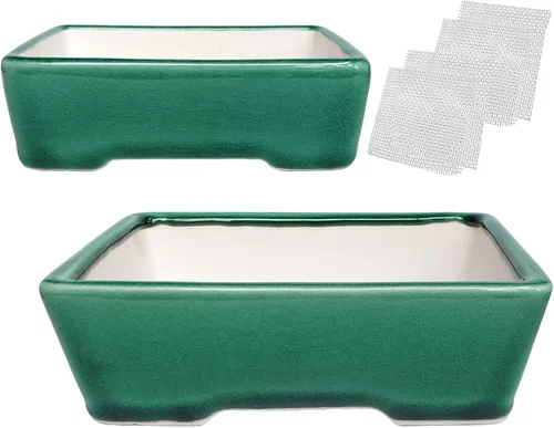Vista 8 de Zisha - Juego de 2 macetas de arcilla blanca para bonsái esmaltadas poco profundas, color azul