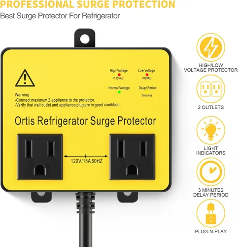 Vista 2 de Ortis Protector de sobretensiones para refrigerador, protector de voltaje de doble salida para electrodomésticos con retardo de tiempo, protege