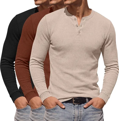 Vista 11 de Paquete de 3 camisas Henley de manga larga para hombre