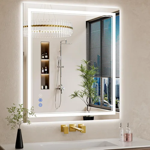 Vista 36 de Espejo de baño LED de 22 x 30 pulgadas con luces, antiniebla, retroiluminado + luz frontal, regulable, espejo de tocador LED para pared, espejo