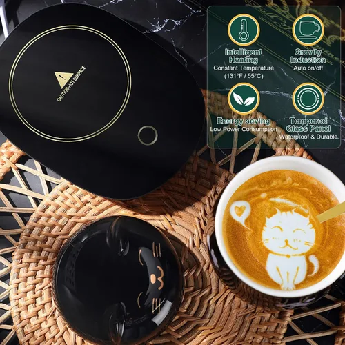 Vista 4 de Honeydak Juego de tazas de café, calentador de tazas de gato lindo para mujeres, calentadores de café con calefacción para mamá, oficina en casa