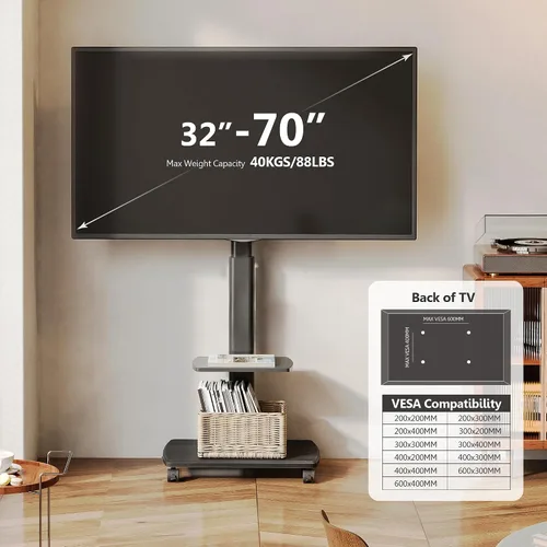 Vista 4 de FITUEYES - Soporte de TV móvil con ruedas para pantalla plana de 32 a 75 pulgadas, soporte de TV alto con soporte giratorio para dormitorio, al aire