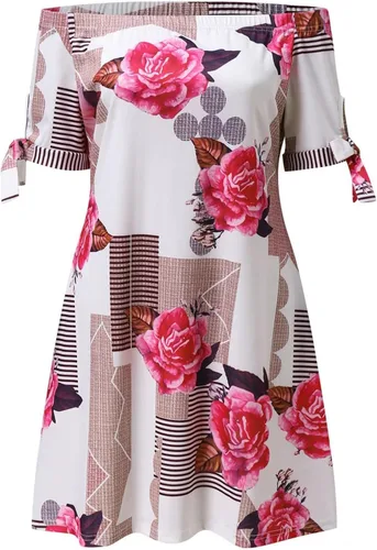 Vista 3 de Ruziyoog Vestido de verano sexy con hombros descubiertos para mujer, vestido de manga corta con estampado floral y tirantes, ajuste holgado, vestido