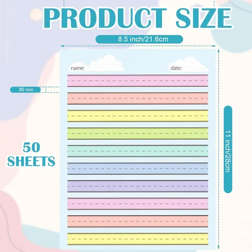 Vista 2 de 50 hojas de papel de línea elevada multicolor para práctica de escritura, papel de escritura de jardín de infantes de regla ancha, doble cara