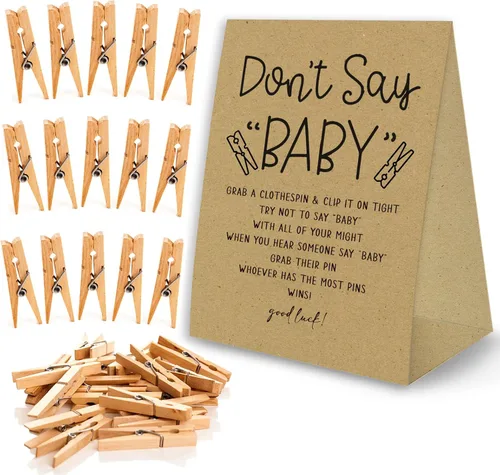 Vista 9 de Juego de pinzas para la ropa de baby shower, un cartel de papel recubierto de 5 x 7 pulgadas y 50 pinzas naturales para la ropa, baby shower