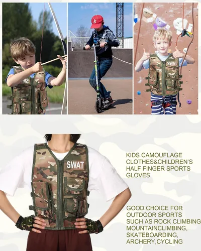 Vista 6 de SATINIOR Chaleco táctico para niños, chaleco de combate del ejército al aire libre con medio dedo, guantes cortos transpirables