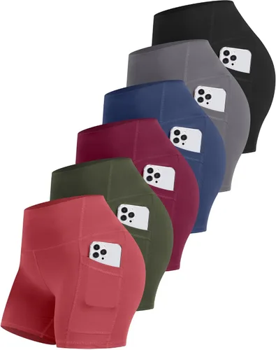 Vista 12 de CHRLEISURE - 6 paquetes de pantalones cortos de mujer estilo biker con bolsillo, pantalones cortos de elastano de control de abdomen de 5 pulgadas