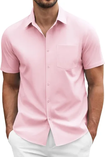 Vista 9 de COOFANDY: camisa casual de manga corta con botones para hombre, de negocios, sin doblar con bolsillo