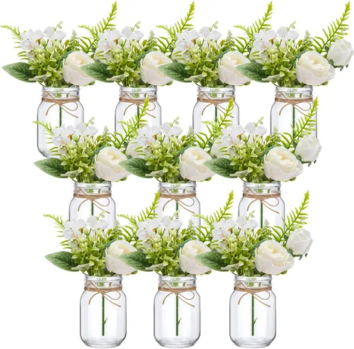 Vista 10 de XunYee Juego de 10 centros de mesa con tarro de albañil de flores, jarrones decorativos para fiestas de compromiso, despedidas de soltera, centros