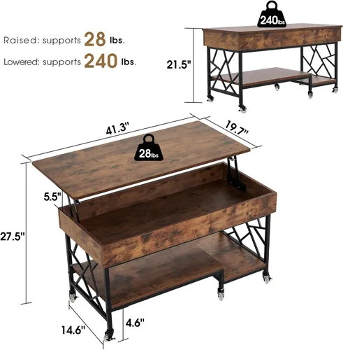 Vista 2 de ivinta Mesa auxiliar elevable con almacenamiento, mesa central de madera con ruedas bloqueables y compartimento oculto para sala de estar, oficina