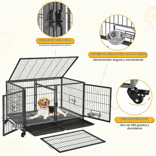 Vista 5 de Yaheetech Jaula Apilable para Perros con Divisor de 43'' Rodante Jaula de Servicio Pesado para Perros con Parte Superior Abierta/2 Bandejas
