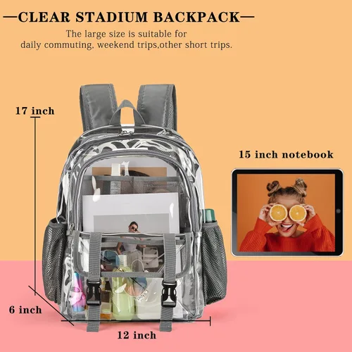 Vista 2 de Mochila transparente, bolsa transparente grande aprobada para estadios, resistente de PVC, transparente, mochilas para universidad, Gris, Mochilas