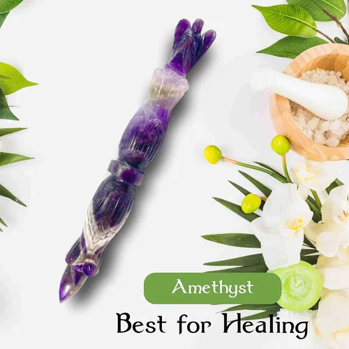 Vista 3 de Varita curativa de talla metafísica de amatista Lápiz de piedras preciosas talladas a mano de 6 pulgadas para meditación y masaje pagano Energía