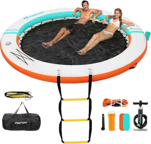 Vista 15 de FBSPORT Hamaca inflable de agua redonda flotante, 10/8/6 pies, plataforma flotante para lago con portavasos, flotador solar, balsa fría, anillo
