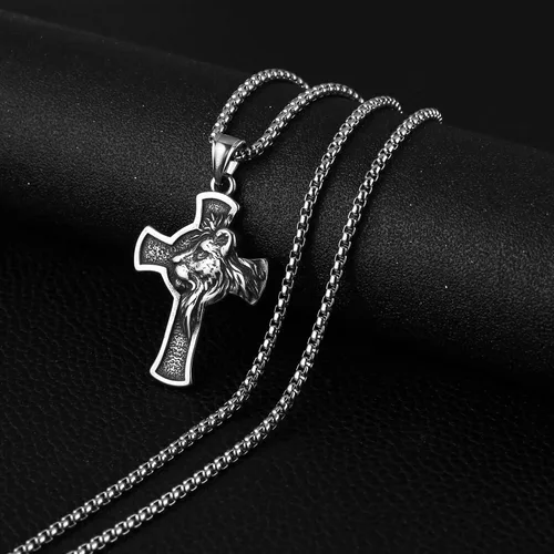 Vista 2 de HZMAN Collar de cruz de acero inoxidable para hombres y mujeres, retro, religioso, cabeza de león, cruz hip hop, colgante de joyería con cadena