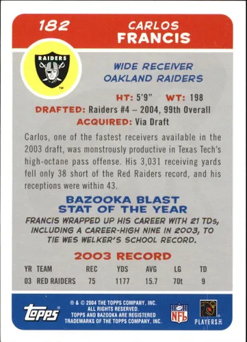 Vista 2 de 2004 Topps Bazooka #182 Carlos Francis RC NFL Football Trading Card