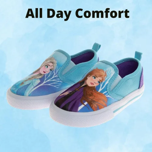 Vista 2 de Disney Minnie Mouse, Elsa Frozen, zapatos de princesa para niñas y niños pequeños, mocasín de personaje, parte superior baja, tenis casuales de lona