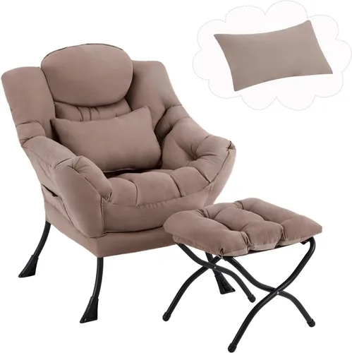 Vista 10 de Furlide Silla Perezosa con Otomana, Cómoda Silla de Salón con Brazos de Tela Acentuada con Almohada Lumbar y Reposapiés Plegable, Silla Sofá de Beige