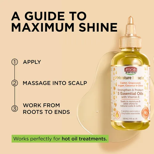 Vista 4 de African Pride Moisture Miracle 5 Aceites Esenciales para el Cabello con Vitamina E Humedad, Brillo, Protección y Crecimiento Argán, Ricino