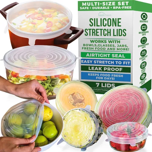 Vista 11 de Tapas elásticas de silicona reutilizables para almacenamiento de alimentos en el refrigerador, fundas elásticas resistentes al calor, tazas, latas