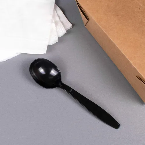 Vista 2 de Karat U3522B - Cuchara de sopa desechable de 5.6 pulgadas de poliéster, resistente, color negro (paquete de 1000)