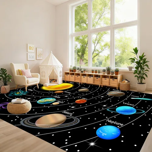 Vista 21 de Alfombra espacial para habitación de niños, alfombra de galaxia para niños, alfombras espaciales para dormitorio de niños, decoración