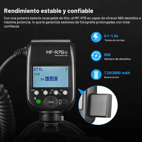 Vista 5 de GODOX Flash de anillo macro para Canon MF-R76C TTL/M modo CCT 5900K 76Ws