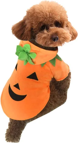 Vista 2 de Disfraz de calabaza de Halloween para perro, gato, trajes de cosplay para mascotas, ropa de forro polar con capucha, suéter, abrigo, disfraces
