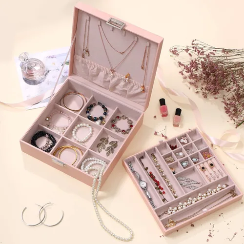 Vista 7 de BEWISHOME Joyero para niñas, organizador de joyas de 35 compartimentos, 6 ganchos para collares, 2 capas, cajas de joyería, estuche